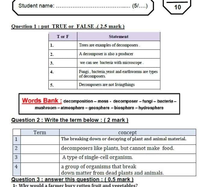 امتحان Quiz 3 Decomposers and earth’s systems العلوم المتكاملة الصف الخامس