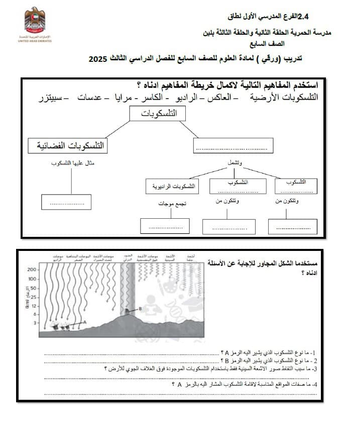 تدريب ورقي امتحان التقويم الأول العلوم المتكاملة الصف السابع 