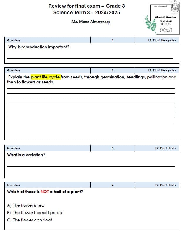 حل تدريبات Review for final exam العلوم المتكاملة الصف الثالث انسبير
