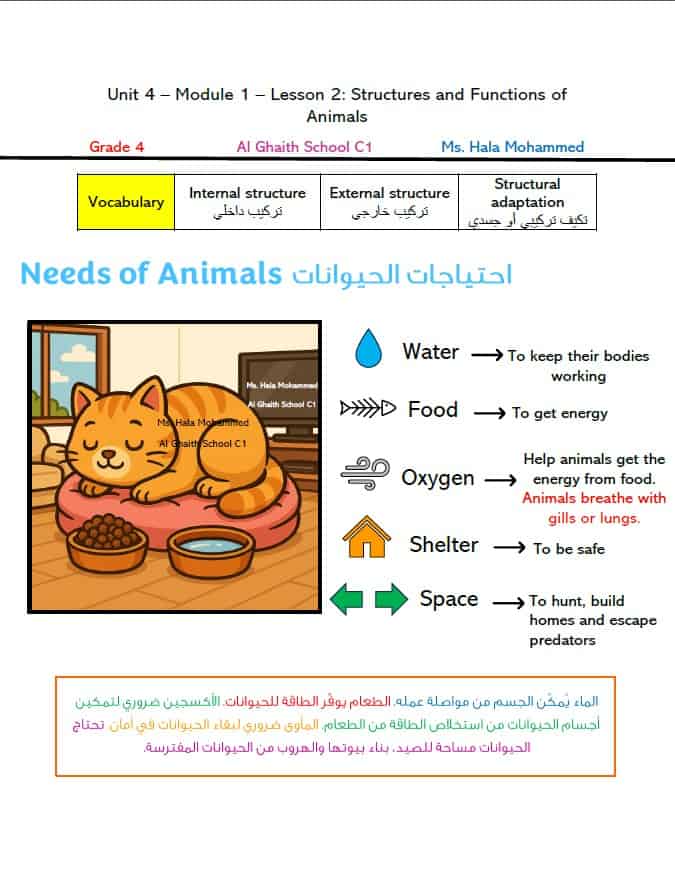 ملخص درس Structures and Functions of Animals العلوم المتكاملة الصف الرابع انسبير