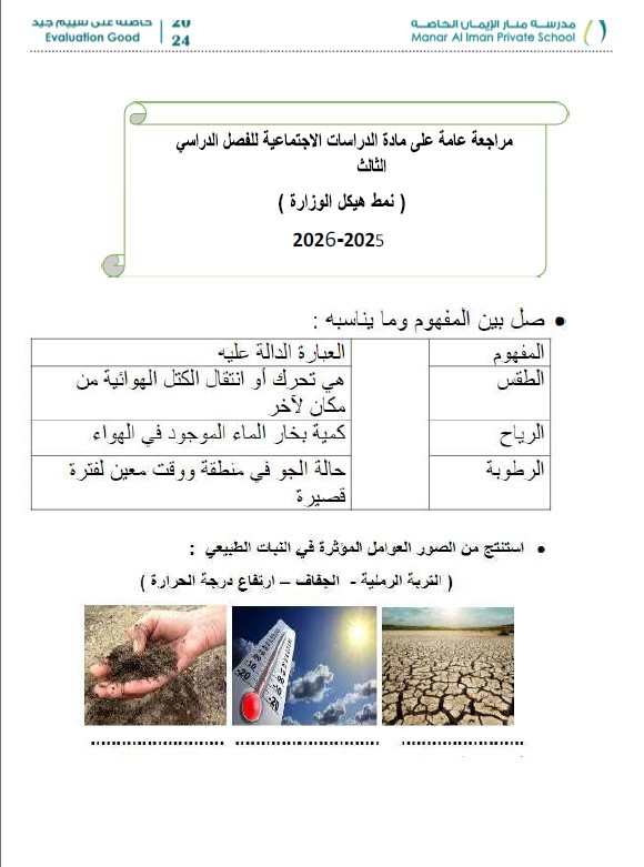 مراجعة عامة للامتحان الدراسات الإجتماعية والتربية الوطنية الصف الثالث