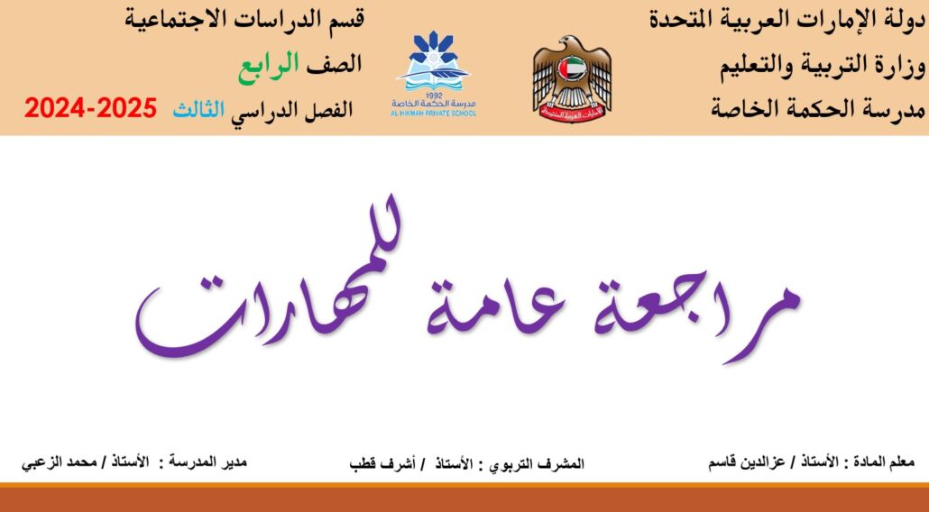 مراجعة على مهارات الورقة الامتحانية الدراسات الإجتماعية والتربية الوطنية الصف الرابع - بوربوينت