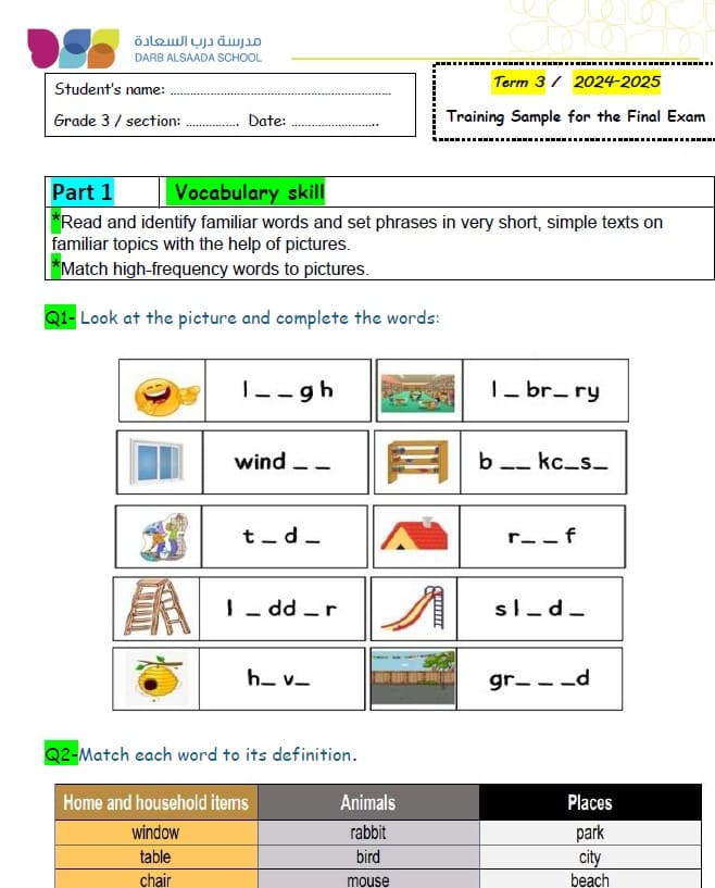حل نموذج امتحان نهائي اللغة الإنجليزية الصف الثالث