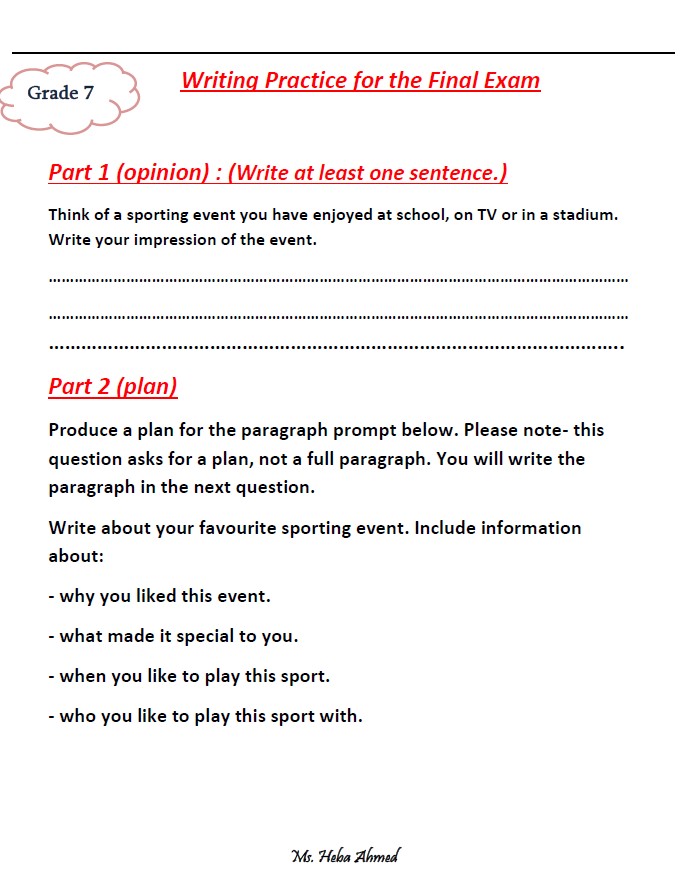 تدريبات Writing Practice for the Final Exam اللغة الإنجليزية الصف السابع