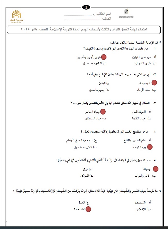 حل امتحان نهائي لأصحاب الهمم التربية الإسلامية الصف العاشر الفصل الدراسي الثالث 2024-2025