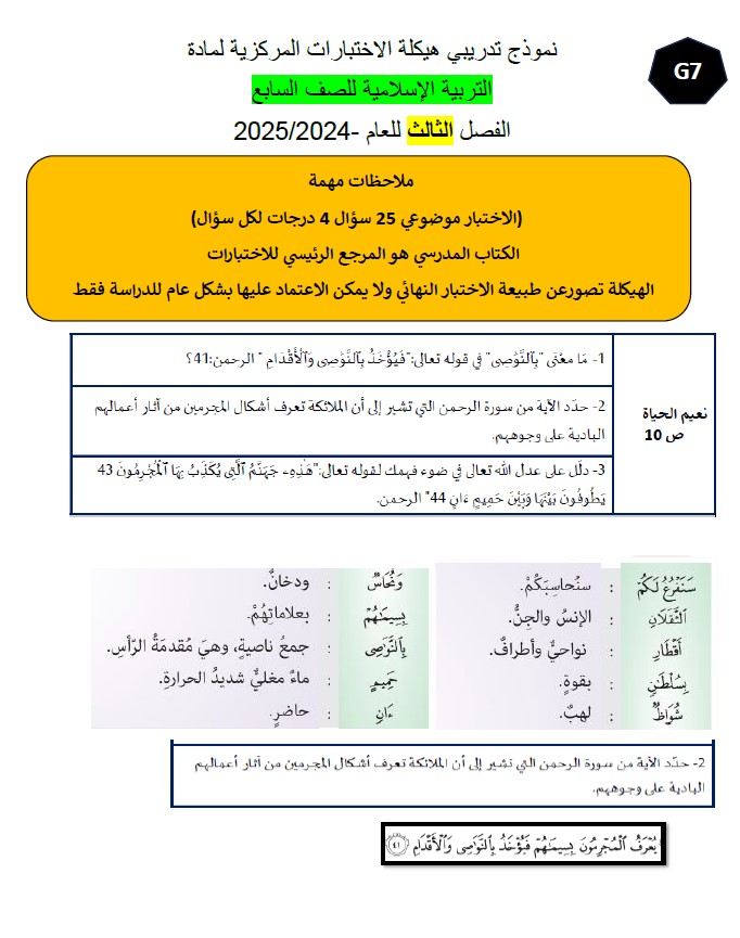 حل نموذج تدريبي هيكلة التربية الإسلامية الصف السابع 
