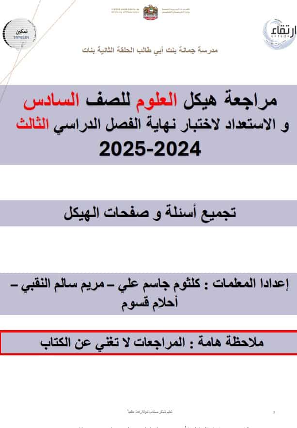 حل مراجعة نهائية حسب الهيكل العلوم المتكاملة الصف السادس عام 
