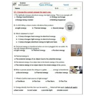 نموذج امتحان تدريبي Unit 2 Lesson 1 Types of Energy العلوم المتكاملة الصف الرابع