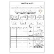 ورقة عمل درس التمييز بين التنوين الصف الأول مادة اللغة العربية