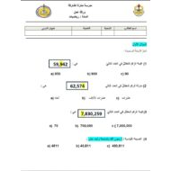 اختبار التقويم الأول الرياضيات المتكاملة الصف الرابع