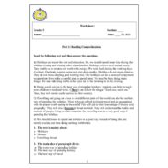 أوراق عمل Reading Comprehension اللغة الإنجليزية الصف الخامس