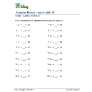 الرياضيات المتكاملة أوراق عمل (sums with 10) بالإنجليزي للصف الأول مع الإجابات