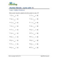 الرياضيات المتكاملة أوراق عمل (sums with 10) بالإنجليزي للصف الأول