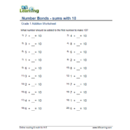 الرياضيات المتكاملة ورقة عمل (sums with 10) بالإنجليزي للصف الأول مع الإجابات
