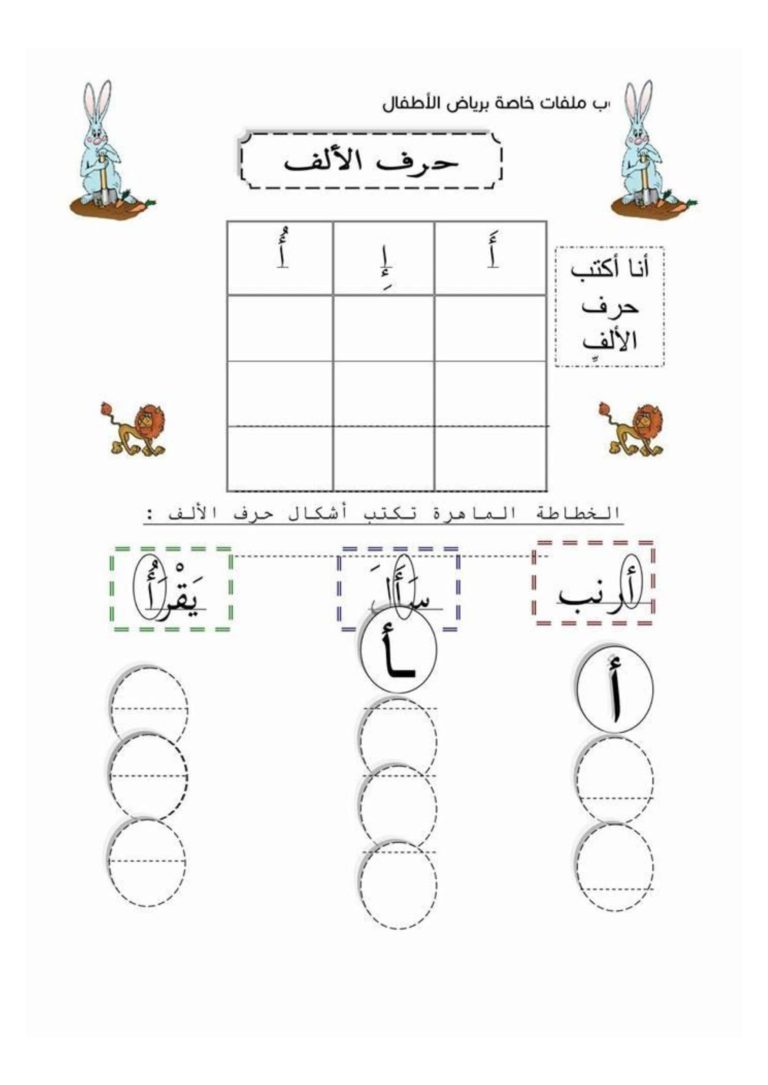 أنشطة كتابية لتعليم الأطفال حرف الألف بالحركات ومواقعه المختلفة