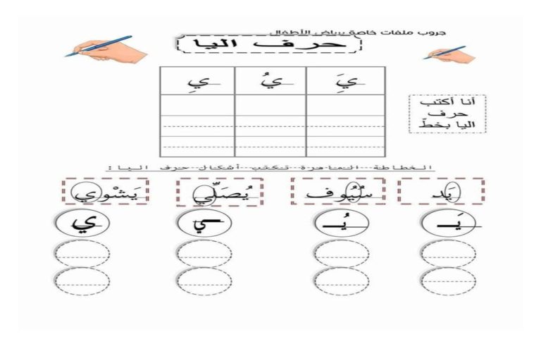 أنشطة كتابية لتعليم الأطفال حرف الياء بالحركات ومواقعه المختلفة