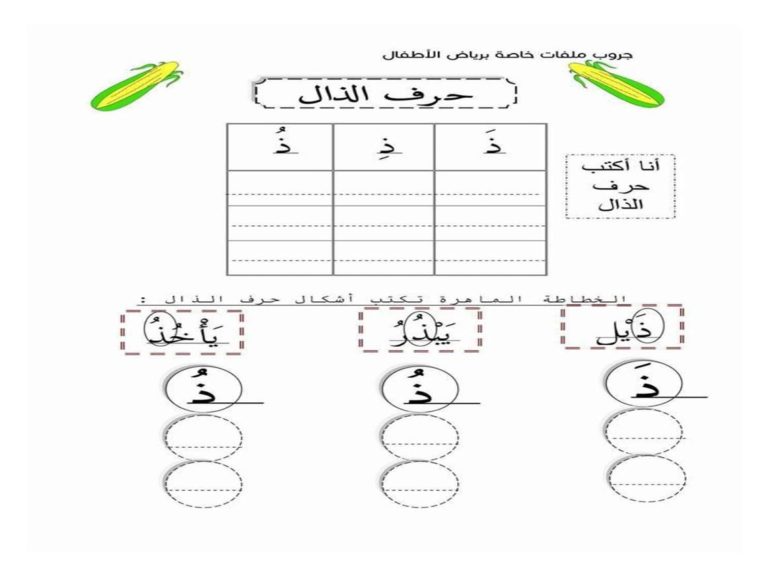 أنشطة كتابية لتعليم الأطفال حرف الذال بالحركات ومواقعه المختلفة