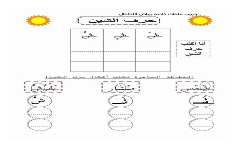 أنشطة كتابية لتعليم الأطفال حرف الشين بالحركات ومواقعه المختلفة