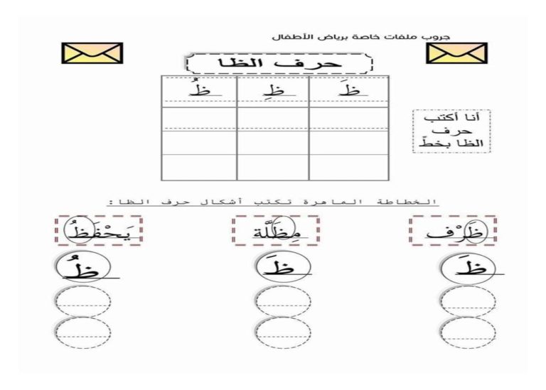 أنشطة كتابية لتعليم الأطفال حرف الظاء بالحركات ومواقعه المختلفة