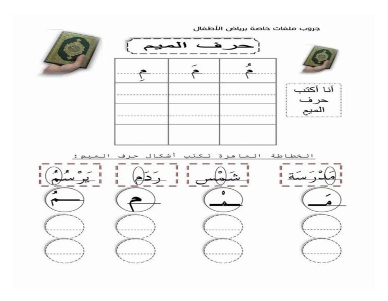 أنشطة كتابية لتعليم الأطفال حرف الميم بالحركات ومواقعه المختلفة