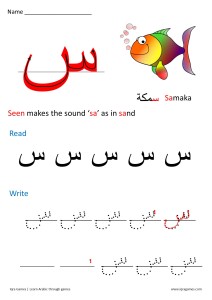 نشاط كتابي لتعليم طريقة كتابة حرف السين لغير الناطقين باللغة العربية
