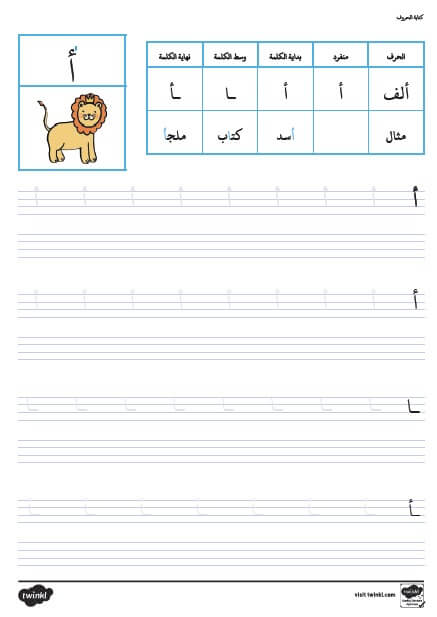 مذكرة مواضع الحروف الهجائية لتعليم الأطفال كتابة الحروف