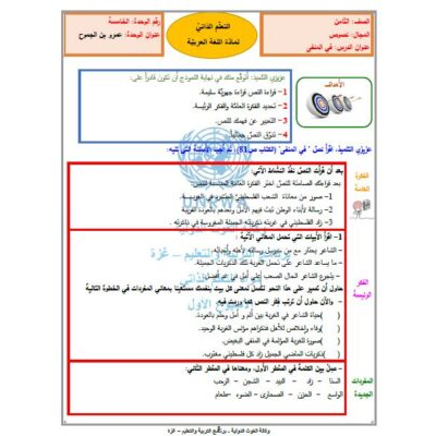 بطاقات التعلم الذاتي لمادة اللغة العربية للصف الثامن  ( قراءة ونصوص )