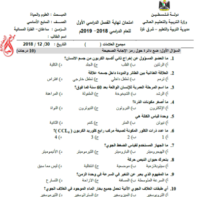 اختبار نهاية الفصل الاول في مادة العلوم للصف السابع 1  حكومة