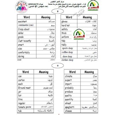 ملزمة معاني المفردات في اللغة الانجليزية للصف الثامن