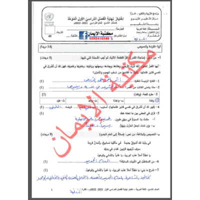 نموذج امتحان لغة عربية للصف التاسع الفصل الاول