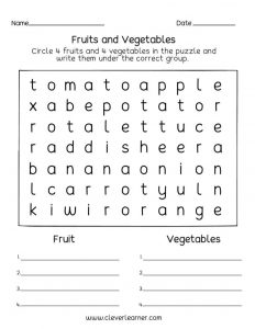 Fruits and Vegetables preschool activity sheets للاطفال باللغة الانجليزية