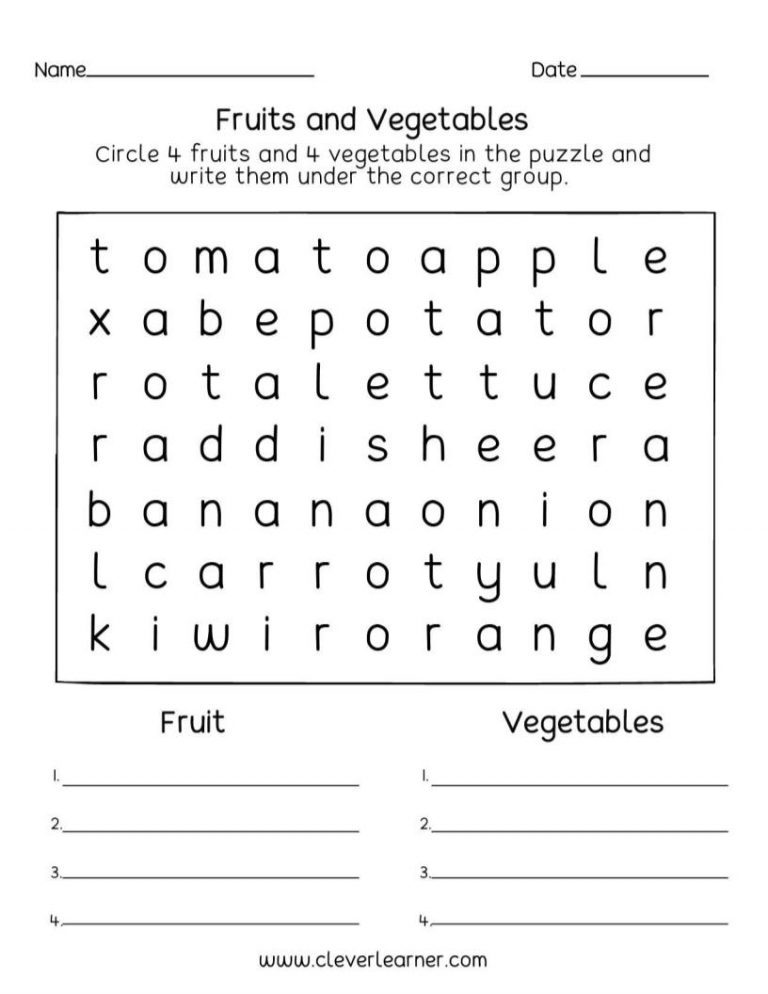 Fruits and Vegetables preschool activity sheets للاطفال باللغة الانجليزية