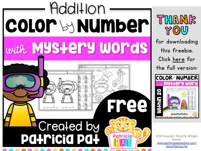 Addition Color By Number With Mystery Words