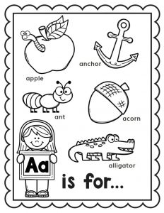 أوراق عمل لتعليم الحروف الإنجليزية بالتلوين من A إلى Z مع كلمات لكل حرف