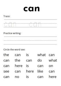 ورقة عمل لكلمة can لتعليم اللغة الإنجليزية للأطفال PDF