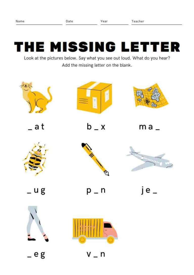 ورقة عمل The Missing Letter اللغة الإنجليزية للأطفال