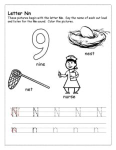 أوراق عمل letter Nn sound لتعليم مرحلة رياض الأطفال