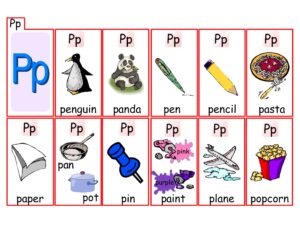 بطاقة تعليم نطق حرف Pp مع صور توضيحية للأطفال