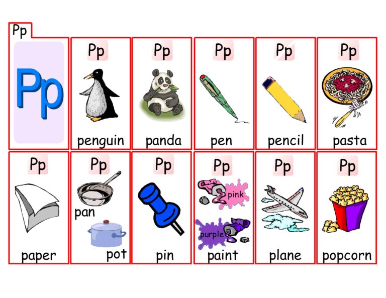 بطاقة تعليم نطق حرف Pp مع صور توضيحية للأطفال
