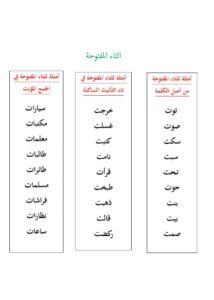 كلمات بالتاء المفتوحة والمربوطة