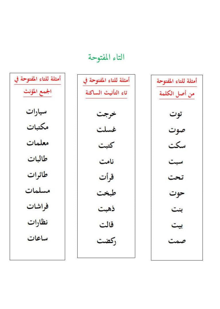 كلمات بالتاء المفتوحة والمربوطة